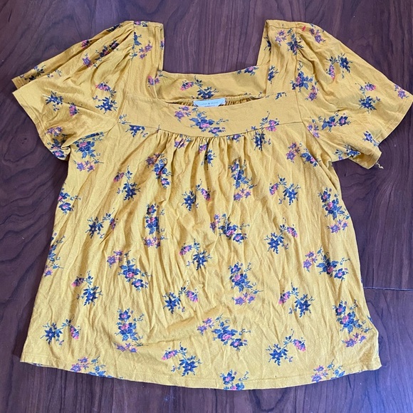 Lucky Brand Floral Yellow Womens Medium Top Square Neck Boho Casual Country - Picture 2 of 8